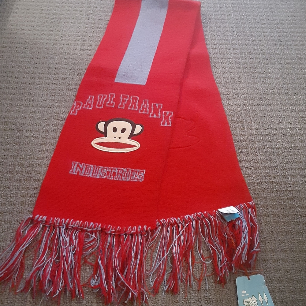 NWT Paul Frank Fringe Scarf- Unisex- Red & Blue- Made in U.S.A